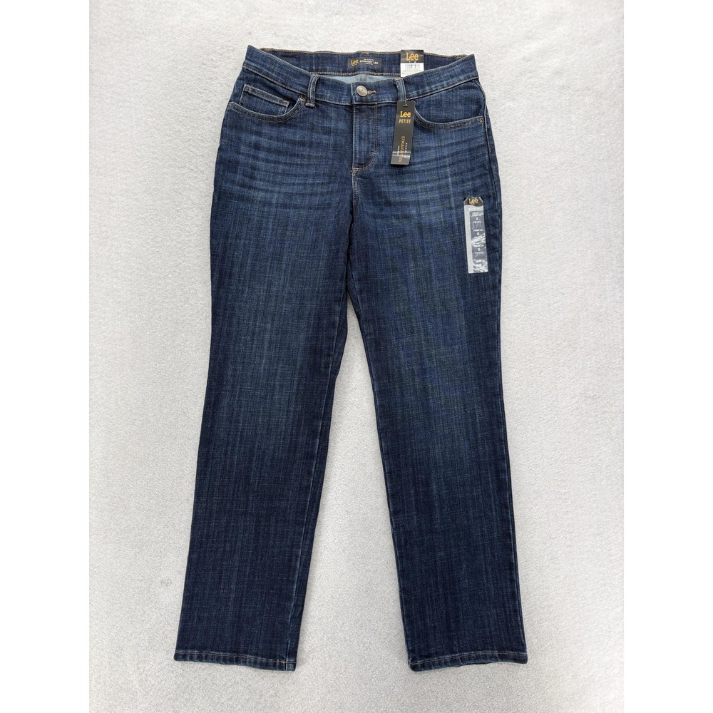 Lee Relaxed Fit Straight Leg Jeans Womens 8 Petite Blue Dark Wash Mid Rise NWT